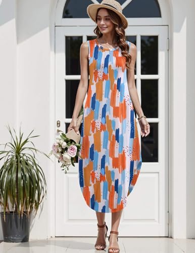 Image of Zeagoo Colorful Print Maxi Dress, Polyester Blend, Sleeveless, Loose, Adult, Female, Womens, Casual, Patterned, Pleated, Side Split, Anniversary, Large