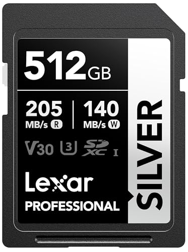 Lexar Silver SD Karte 512GB, UHS-I SDXC Card 205 MB/s Read Speed, 140 MB/s Write Speed, V30, U3, C10, 4K UHD Video, SD Card Memory Card with Lexar Lifetime Data Recovery