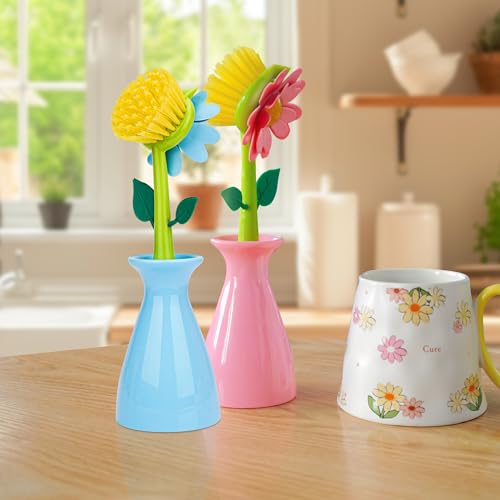 Image of Long Handle Flower Pot Brush, Florganic Dish Brush with Vase, Long Handle Dish Brushs Kitchen, for Cleaning Pot Pan Sink Kitchen Supplies Decorative Vase (2Pcs Pink, Blue)