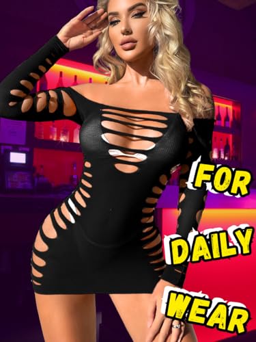 Image of Kaei&Shi Sexy Club Outfits for Women,Mesh Cutout Mini Dress,Off Shoulder Birthday Bodycon Dresses