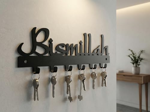 Image of Ventuos Bismillah Islamic Metal Key Holder Wall Hanging | 1.2 mm Thick Mild Steel | Decorative Entrance Key Stand | Home & Office Wall Decor | Black