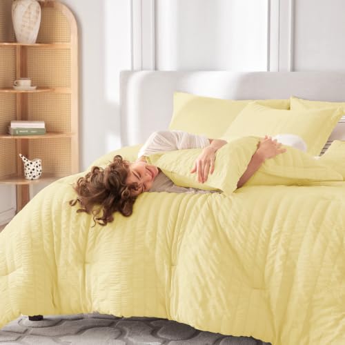 Image of MUXHOMO 7 Pieces Full Comforter Set, Seersucker Bed in a Bag Full Size, All Season Luxury Bedding Set with Comforter, Flat Sheet, Fitted Sheet, Pillowcases & Shams, Yellow