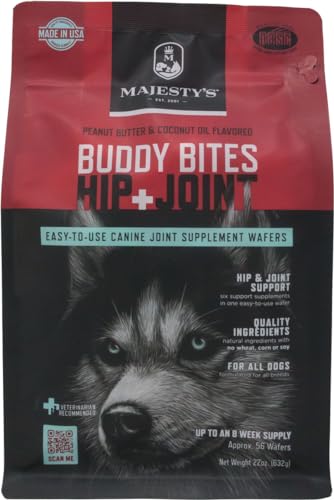 Majesty's Buddy Bites Hip and Joint Wafers for Medium / Large Dogs - Superior Support Supplement - Peanut Butter and Coconut Oil Flavored - 56 Count (Up To 8 Week Supply)