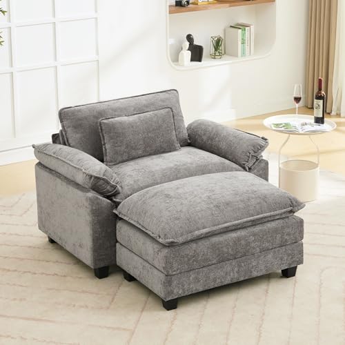 Image of Oprisen 53 inch Modular Sectional Sofa, Comfy Cloud Couch Sectional Sofa with Ottoman, Chenille Sofa Sleeper Deep Seat Sofa with Throw Pillows for Living Room (Light Gray)