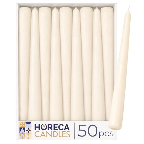 Horeca Candles - Bougies pour Chandelier - Ivoire - Lot de 50 Chandelles Coniques - Ø 2.2 x 25 cm - Durée de Combustion 7,5 Heures - Cierges Sans Parfum
