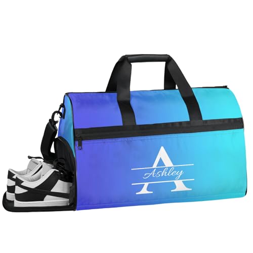 Custom Sports Duffel Bag with Shoe Compartment Personalized Name Dance Gym Bag for Women Overnight Weekender Travel Duffel Bags, Multi Blue