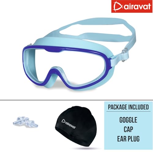 Image of AIRAVAT Shore swimming goggles, polycarbonate goggles, No Leaking Anti-Fog Pool Goggles for Adult Men Women Youth, UV Protection, 180 Clear Vision, Free size (Blue Combo)