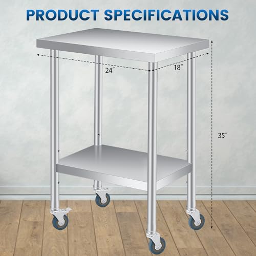Stainless Steel Table, 18" x 24" Prep Workstation, 1000 LBS, NSF Commercial Work Table with Adjustable Undershelf and Lockable Casters, for Restaurant, Home, Kitchen, Hotel, Outdoor