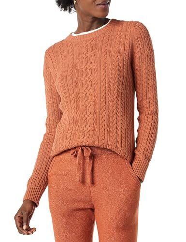 Amazon Essentials Women's Fisherman Cable Knit Long-Sleeve Crewneck Jumper (Available in Plus Size), Caramel, XS