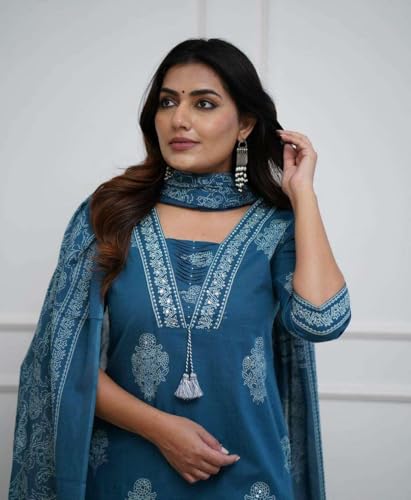 Image of DR DIGITAL Women's Cotton Printed Straight Kurti with pant and Dupatta Set