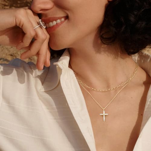 Layered Cross Necklace for Women - 14K Plated Gold Double Layer Chain Necklace, Dainty Cubic Zirconia Crucifix Pendant Necklace, Anniversary Birthday Christian Faith Jewelry Gift for Her3