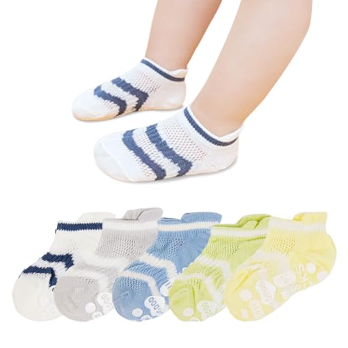 Image of SNOWIE SOFT 5 Pairs Baby Socks Set, Antislip Socks for New Born Baby 0-3 Years, Non Slip Grip Ankle Socks with Non Skid Soles for Infants Baby Shower Gifts
