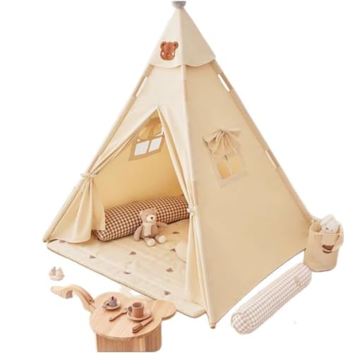 AOPIPI 子供用キャンバス製プレイハウス。男の子にも女の子にも適したおもちゃ。親子ルーム、幼稚園、誕生日会に最適。組み立て簡単。 (ベージュ,クッション付き+抱き枕セット)