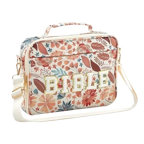lisutupode Funda para Biblia | Bolso De Iglesia Con Tirante Ajustable Y Letras De Felpa,Funda De Estudio Con Estampado Floral Y Asa | para Mujeres Profesoras Estudiantes