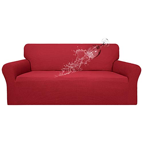 Image of Easy-Going 100% Waterproof Couch Cover, 3 Cushion Couch Slipcover for Sofa | Leakproof Sofa Cover, Stretch Jacquard Furniture Protector Against Stain Spill from Kids, Pets, Dog (Sofa, Christmas Red)
