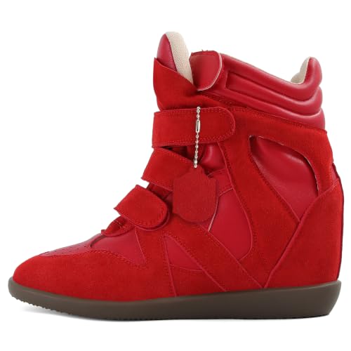 Image of Wedge Sneakers for Women Heels Suede Hook and Loop High Heel Tennis Round Toe Triple Strappy Band Casual Vintage Fashion Dressy Comfy Campus Trendy Retro Sneaker