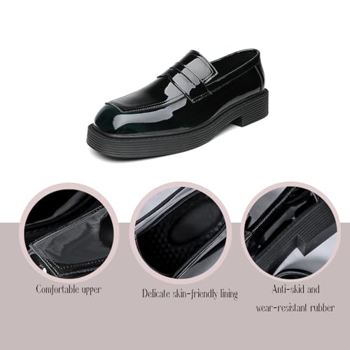 Men's Patent Leather Chunky Heel Business Penny Loafers Retro Square Toe Chunky Platform Non-Slip Slip-On Work Wedding Formal Shoes2