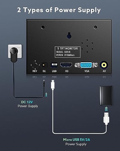 Image of Eyoyo 5 inch Monitor, 800x480 Mini TFT LCD Screen Small Camera | Video Monitor 1 /4 Screw Hole with HDMI /VGA /AV Video Input for Car PC DVD DVR CCD DSLR-140 Wide Angle Metal Housing