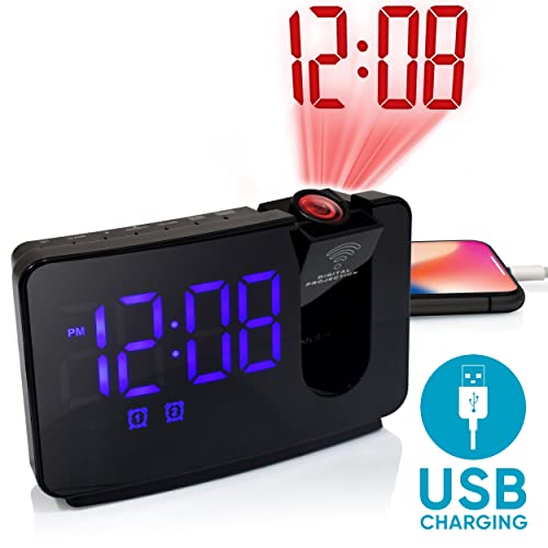 Projection Alarm Clock For Bedroom Led Clock Projection On Ceiling Digital Clock With Usb Charging Adjustable Projector Clock & Dimmer Snooze Dual Alarm Bedside Clock For Heavy Sleeper… (Blue) #TOP1