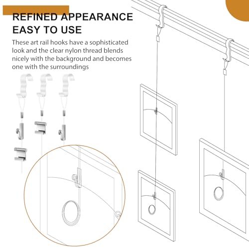 Image of Dunzy 10 Pcs Picture Rail Hanging System Kit Picture Rail Hooks Molding Hangers with Invisible Nylon Cord and Adjustable Hooks for Exhibition, Art Gallery Supplies, White (59 inch Clear Perlon Cord,White)
