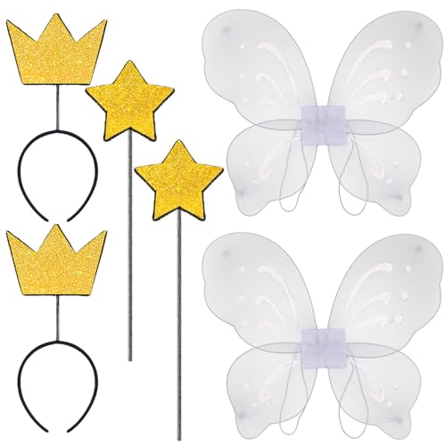 Sratte 6 Pcs Fairy Costumes Fairy Wings Dress Up Wings Butterfly Glitter Star Wand and Gold Crown Headband Set Halloween Costume Dress Up Accessories Birthday Decorations Party Play Accessories