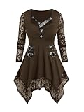 ROSE GAL Womens Plus Size Tunic Tops Fall Casual Long Sleeve T-Shirt Goth Shirt V Neck Skull Lace Panel Grommets Loose Blouses Swing Tunic(Coffee/3X)