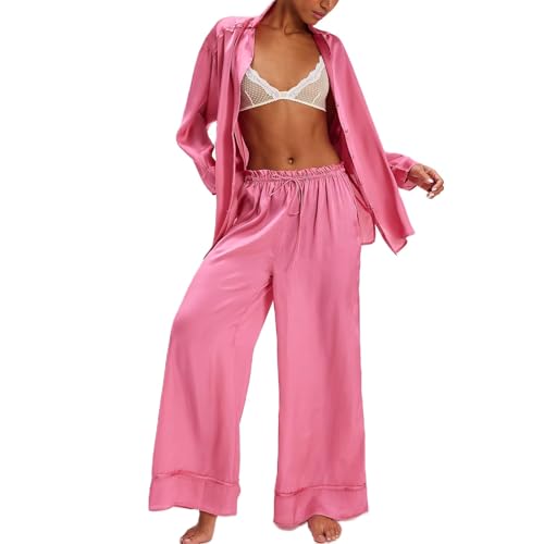Alaurbeauty Conjunto de pijama de satén para mujer, diseño floral, conjunto de 2 piezas, camisa con botones, pantalones de pierna ancha, pijama, Rosa., L
