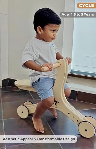 Image of 3-in-1 Convertible Wooden Walker, Cycle & Skater - Multi-Stage Ride-On for Growing Kids (Wood Finish)