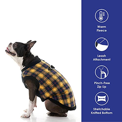 Image of Gooby Fashion Vest Check Dog Jacket, Yellow Check, Large | Checkered quilted bomber, water-resistant; Stretch knit bottom; Dual D-ring leash; Pain-free zipper guard