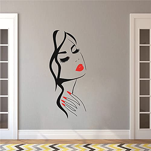 Wall Decal Beauty Salon Manicure Nail Salon Wall Art Sticker Beautiful Girl Face Lips Home Decor Stickers Barber Shop Hairstyle Decoration Wall Mural M-73 (Black+ Fire Red Lips, 40X90Cm) #TOP5