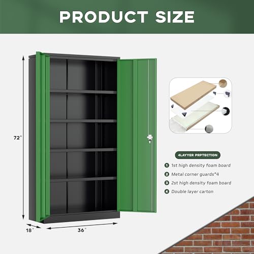 Image of Greenvelly Metal Storage Cabinet, 72 inch Locking Metal Garage Storage Cabinet with Doors and 4 Adjustable Shelves, Lockable Steel Cabinet for Home Office, Garage, Shop, School (Green 36 inch W x 18 inch D)