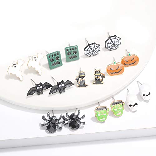 NLCAC Halloween Stud Earrings Set-Mixed Ghost Bat Black Cat Spider Cobweb Halloween Theme Post Stud Earring 9 Pairs2