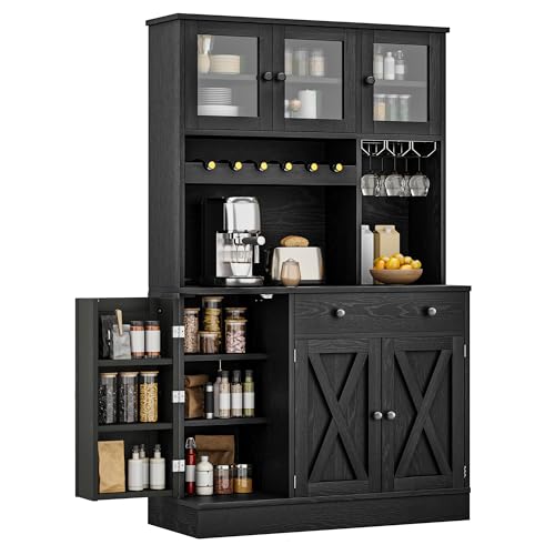 DWVO 71''H Kitchen Pantry Cabinet with Drawer, Doors, Goblet Holder, Wine Rack for Storage, Pantry Cabinet with Power Outlet for Kitchen & Living Room (Black Oak)