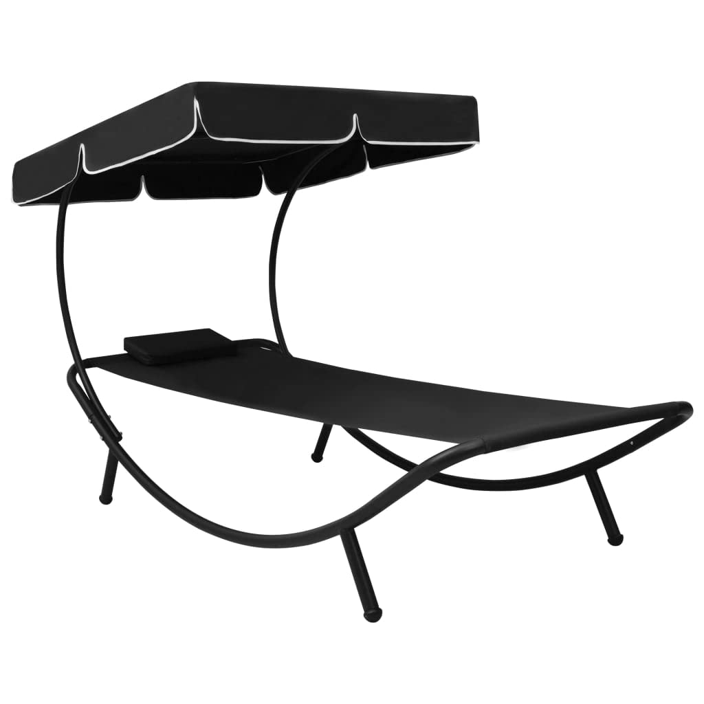 Sonnenliege mit Sonnendach und Kissen Schwarz wetterfeste Gartenliege 200x90cm klappbar verstellbar mit Polster ideal für Terrasse Balkon und Outdoor Relaxliege mit Dach und Rollfunktion