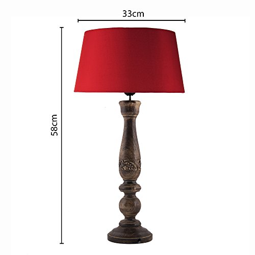 Image of Homesake Handcrafted Wooden Table Lamp for Bedroom & Living Room | Decorative Bedside Reading Lamp with Fabric Shade, E27 Holder | Bulb Included | Black Floral Carved Base for Home Decor, Red Drum