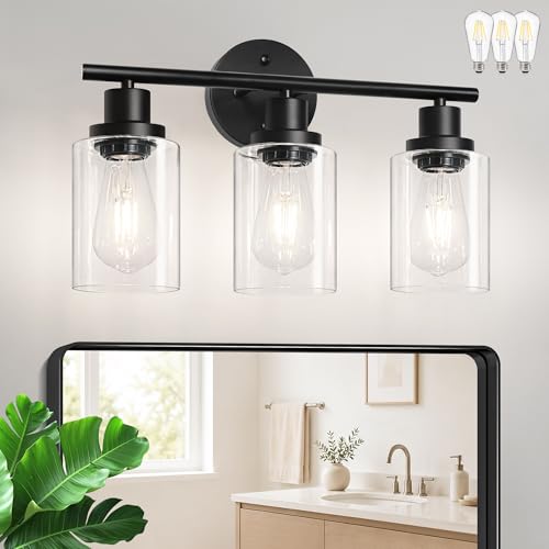 Image of Unicozin Modern Bathroom Light Fixtures, 3 Light Vanity Lights with E26 Bulbs, Black Wall Lamp with Clear Glass for Mirror Living Room Hallway Cabinet Porch