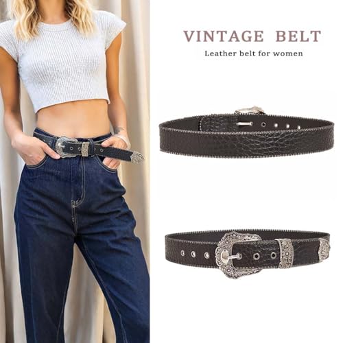Yalice Women Black Western Belt Country Cowgirls Belt for Jeans Dresses Vintage Silver Buckle Leather Belts for Men2