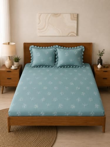 Image of King Size Fitted Bedsheet for Double Bed | 300 TC Cotton Feel Microfiber | All Around Elastic with 2 Frill Pillow Covers | Soft & Durable | (Design3, Fitted - Double72x72)