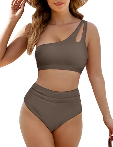 Women's Bikini Swimsuits Two Piece Bathing Suit with One Shoulder Top and High Waisted Tummy Control Bikini Bottom