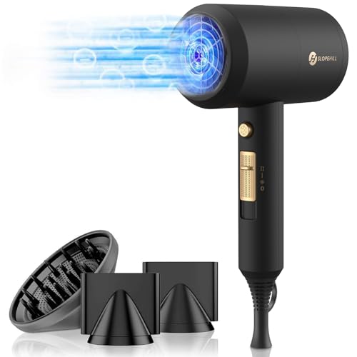 Slopehill secador de pelo ionico,secador pelo profesional Motor AC 1800W, Rápido Secado Cabello, 3 Temperaturas 2 Velocidades, Botón Aire Frío, 2 Concentradores y 1 Difusor (Negro)