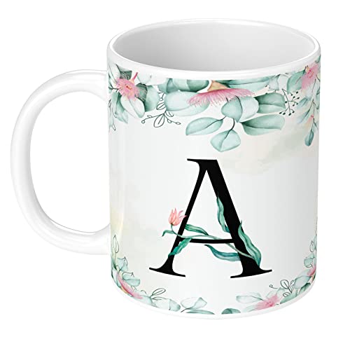 Image of Colorful Floral Alphabet Letter A Printed Coffee Mug For Girls Boys Friends Love Kids Best Gift For Birthday Anniversary Initial Letter A (Microwave Safe Ceramic Tea Coffee Mug-350ml) - ABVWM2 133