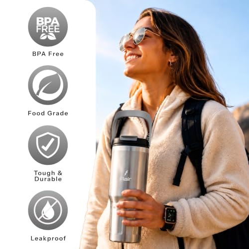 Image of FLAIR Vibe Vacuum Insulated Tumbler 750 ml Stellar Grey | 2-in-1 Lid (Straw & Sip) | 304 Stainless Steel | Leak-Proof Travel Mug with Handle | Hot & Cold | BPA-Free