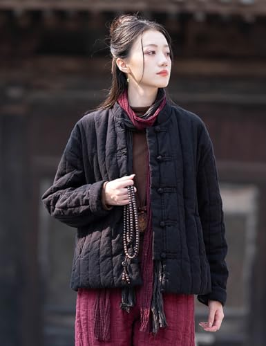 Women's Chinese Tang Suit Short Coat Cotton Linen Quilted Warm Jacket Coats with Pockets3