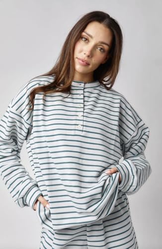 Image of Almere Oversized Cotton Henley Longsleeve Tee, Striped Button Down, Boyfriend Fit