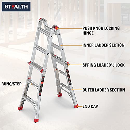 Stealth Folding Ladder, 13 Ft Aluminum Extension Ladder, 300 Lbs Load Capacity, Portable Telescoping Ladder With Non-Slip Rubber, Multi-Position Step Ladders, For Working Indoor/Outdoor Em4X3L1 #TOP2