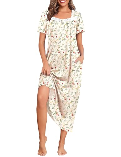 Image of Ekouaer Long Nightgowns for Women Short Sleeve House Dress with Pockets