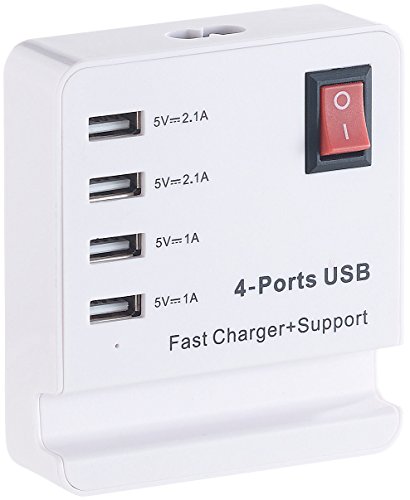 revolt USB Ladestation: USB-Netzteil mit Smartphone-Ablage, 4 Ports: 2X 2,1 A, 2X 1 A (Ladeger&auml;t Mehrfach, Netzteil mit Wandhalterung, Mehrfachstecker)