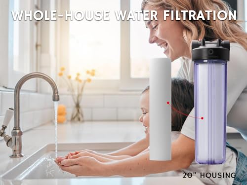 Airthereal Whole House Water Filter Housing, 20\" x 4.5\" Sediment Carbon Cartridge Universal Housing, Pre-Filtration System for Well and City Water with 1\" NPT Port and Include 1-Pack PP Filter