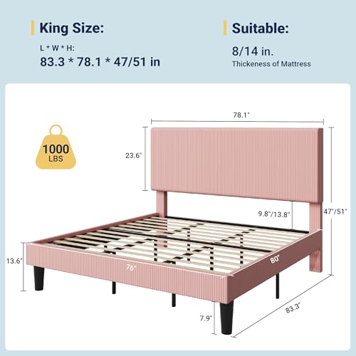 Image of Allewie King Bed Frame, Corduroy Tufted Headboard, Light Pink | Soft Corduroy Fabric, Adjustable Headboard, 1000 lb Capacity, Wooden Slats, No Box Spring Needed, Easy Assembly