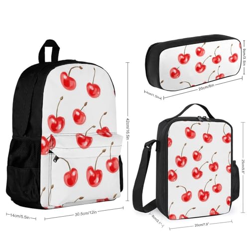 Cherries Backpack 3 Set with Lunch Bag Insulated Shoulder Meal Tote Bags Pencil Case Box Casual Daypack2